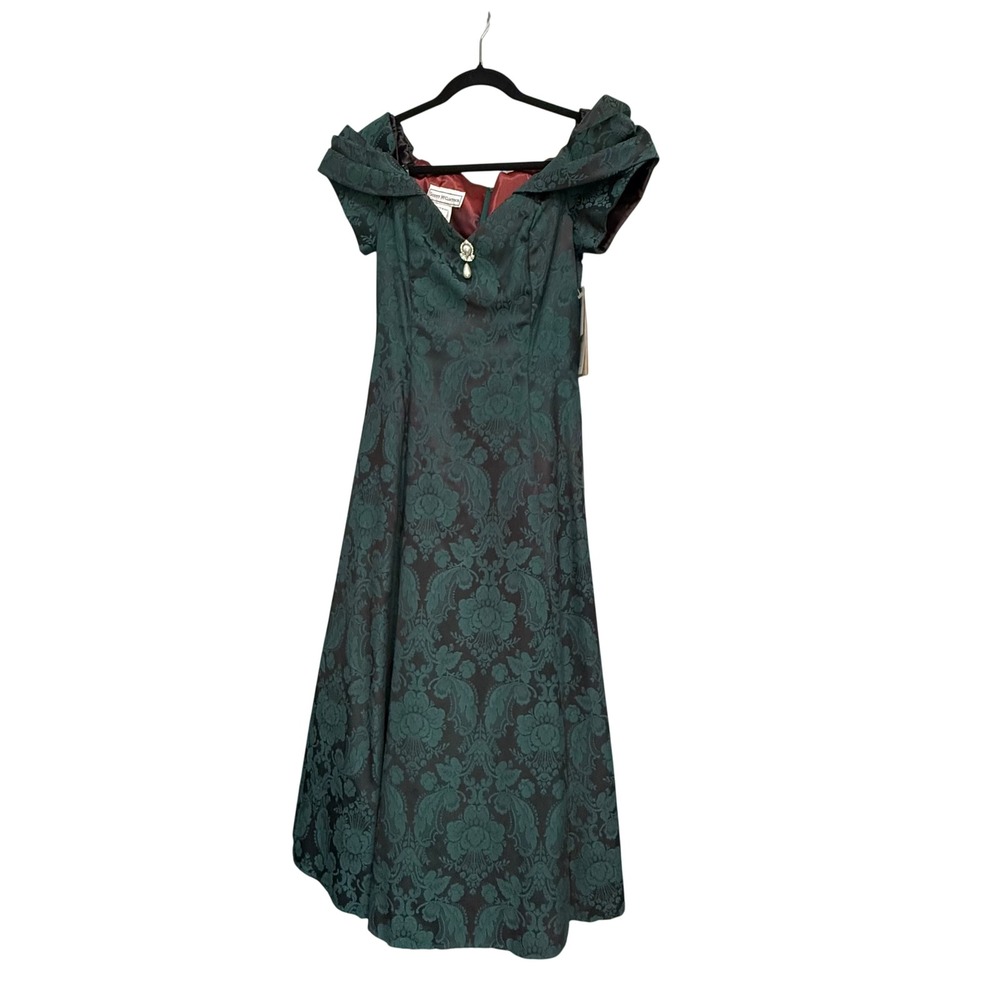 Scott McClintock Vintage 80's Green Damask Brocade Off Shoulder Gown Dress 10